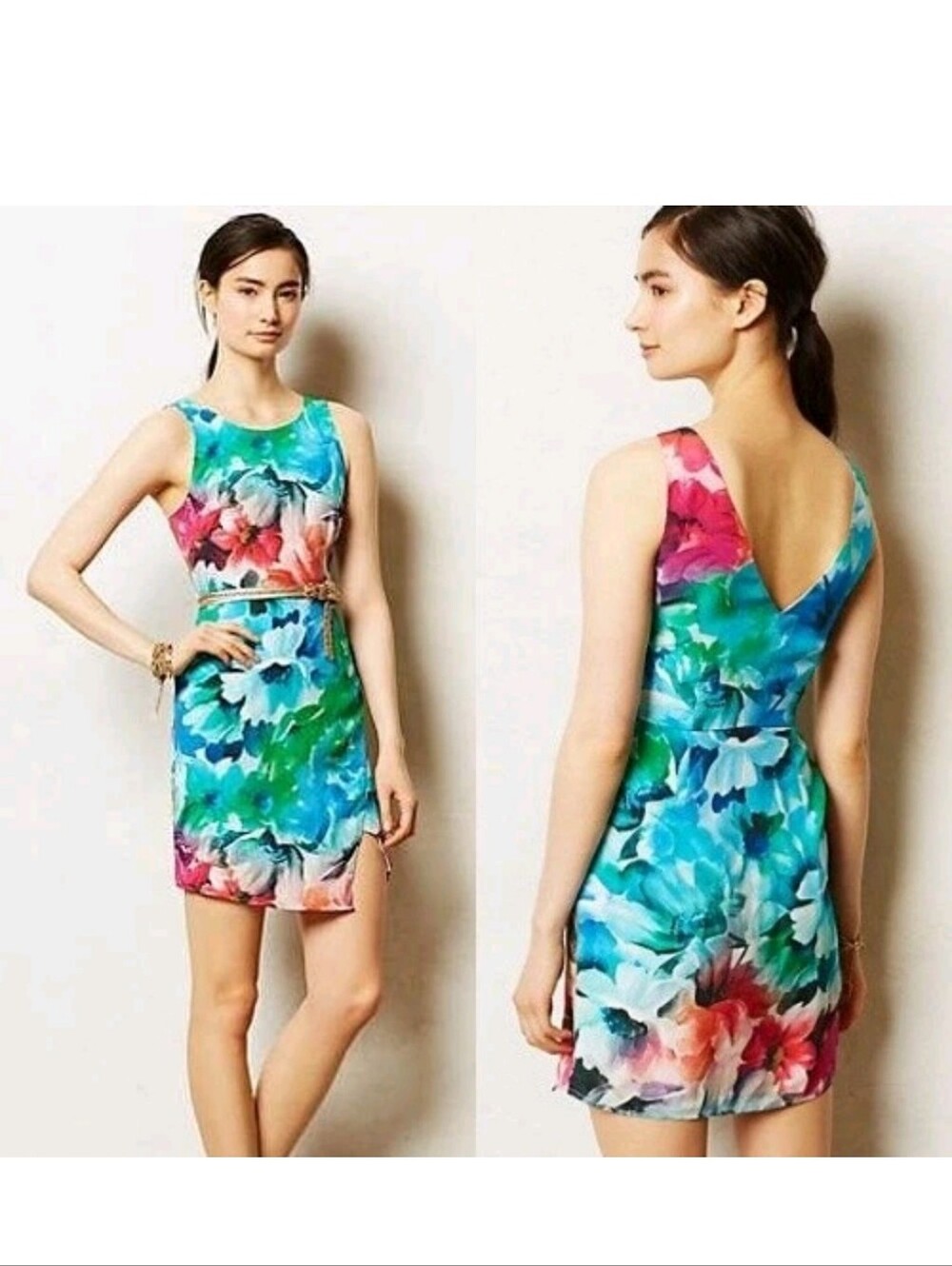 Yumi Kim Floral Silk Sheath Dress XS Multicolor Watercolor Print